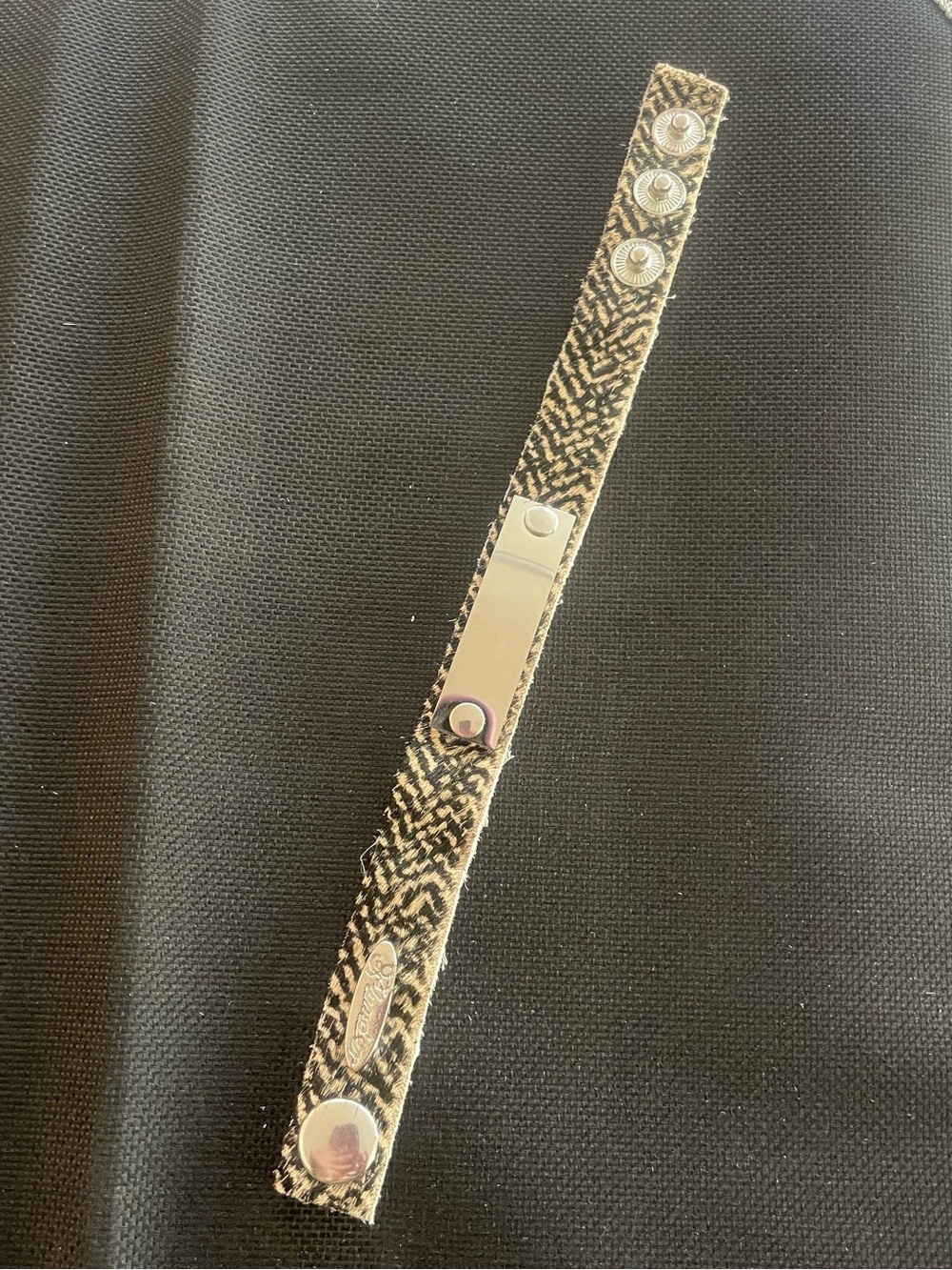 Plunder Brown Zebra Print Leather Snap Bracelet. Silver rectangular ID tag. NEW